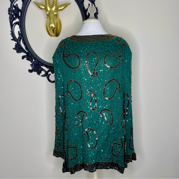 Vintage Tops - Vintage Carina Green, Black, and Gold Sequin Long Sleeves Top